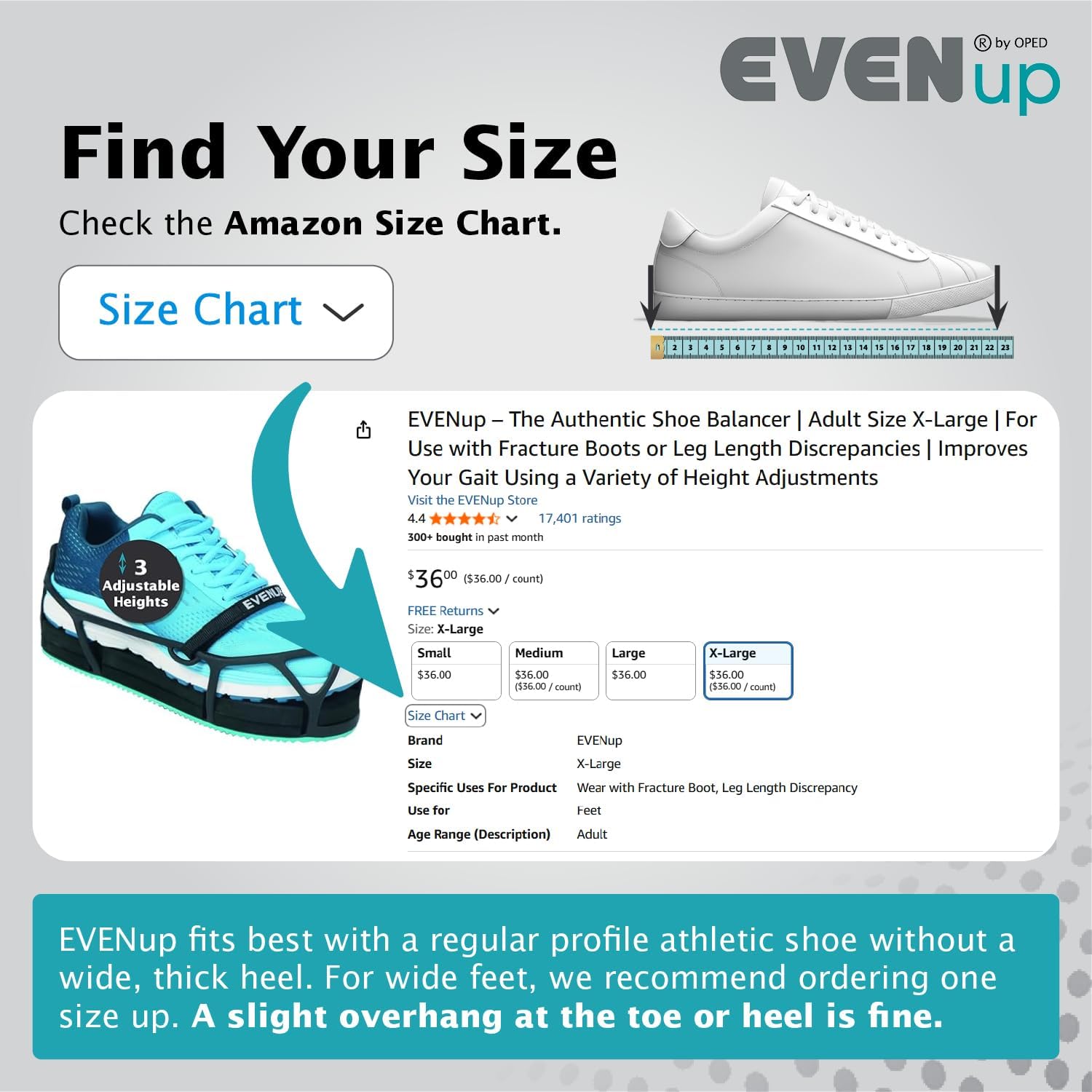 EVENup side view showing three adjustable height settings for gait improvement