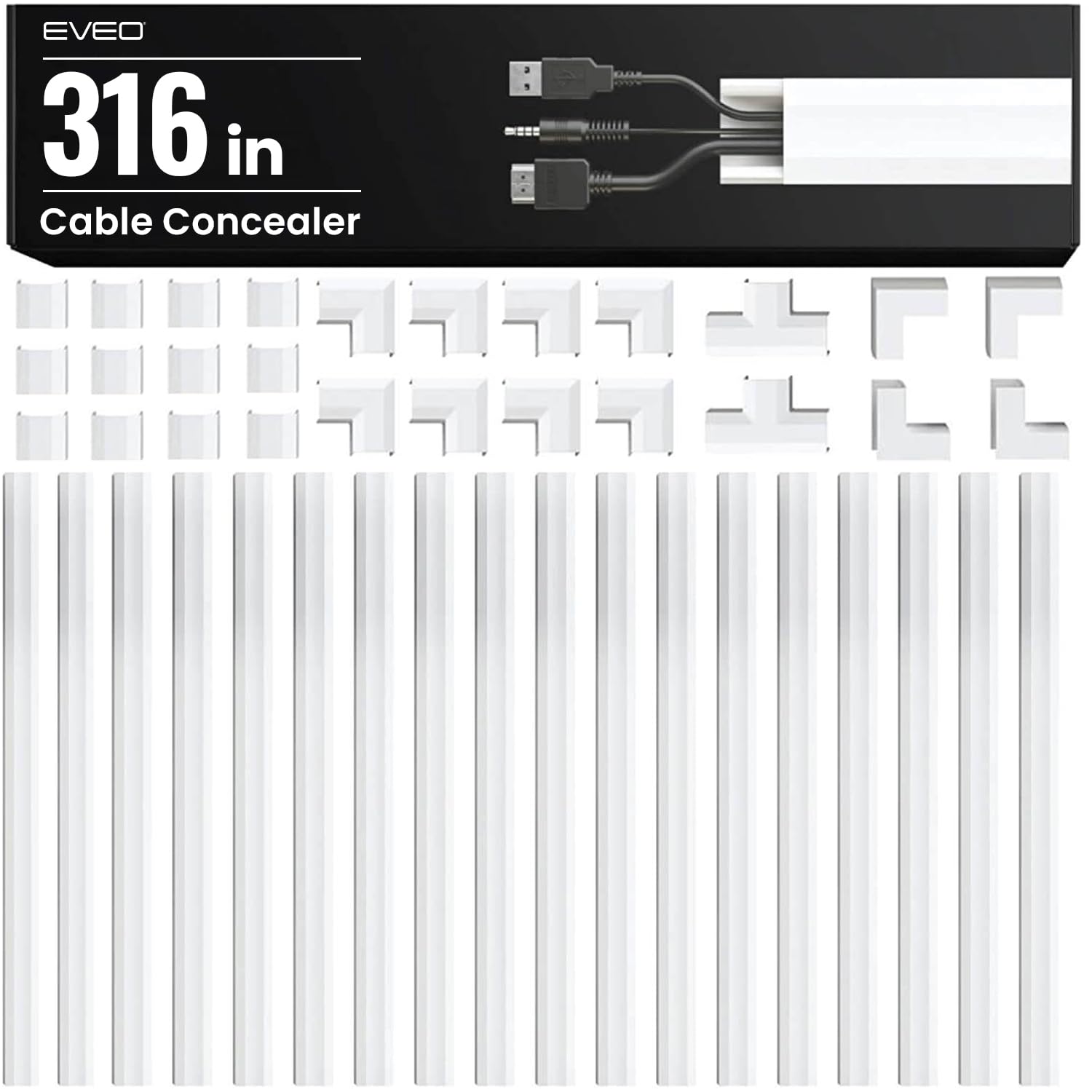 EVEO front packaging of the 306-inch cable hider showing kit components and benefit of full coverage
