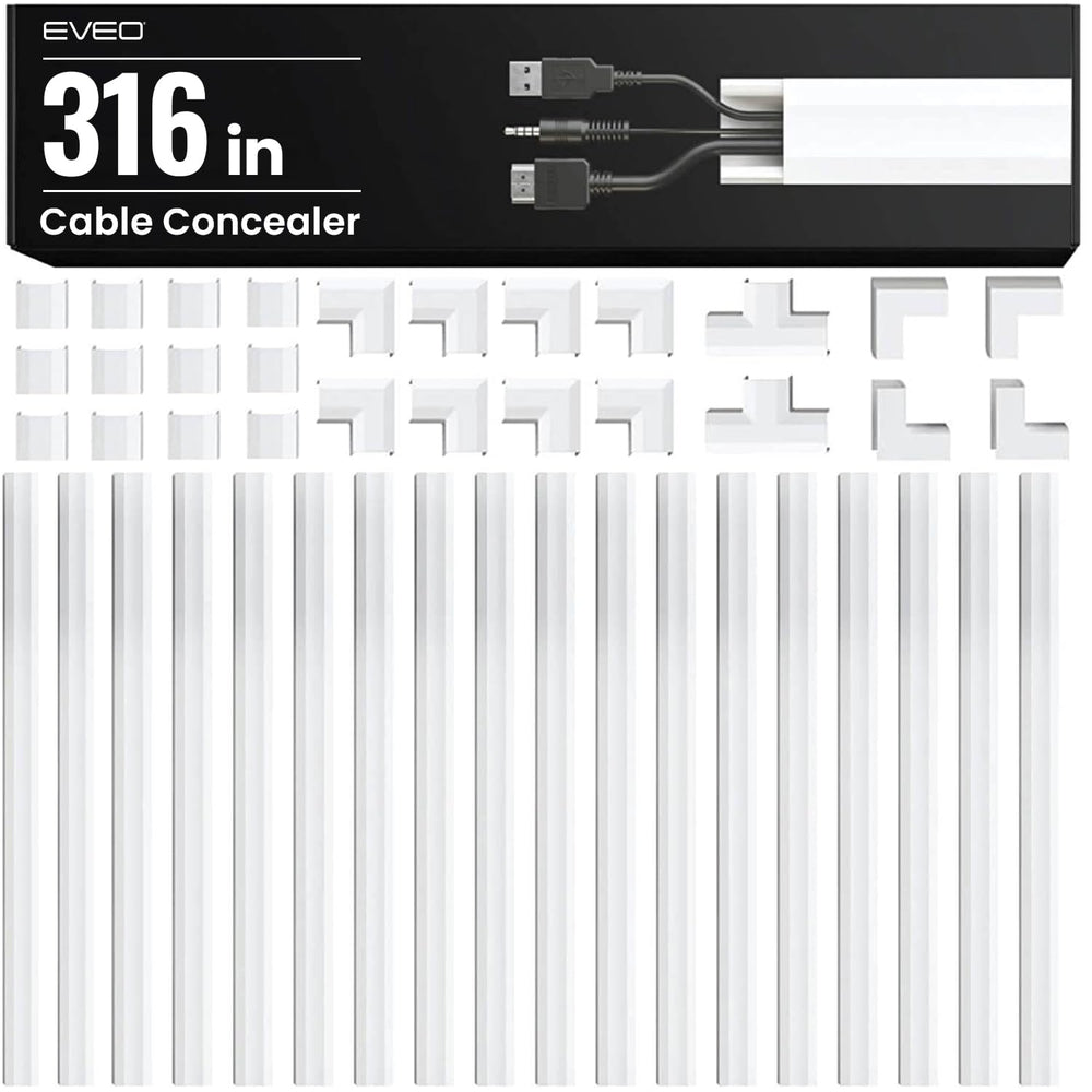 EVEO front packaging of the 306-inch cable hider showing kit components and benefit of full coverage