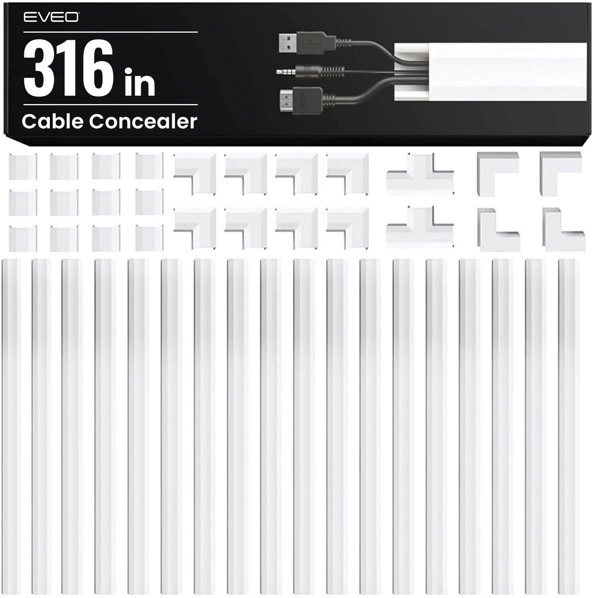 EVEO front packaging of the 306-inch cable hider showing kit components and benefit of full coverage