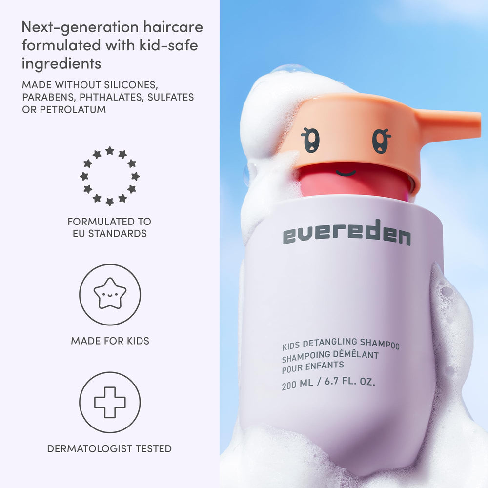 Evereden shampoo being used in a child-safe bathroom setting for tear-free wash