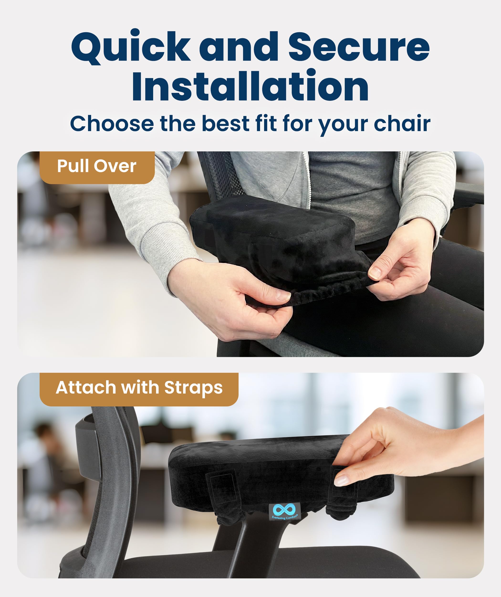 Everlasting Comfort attached to office chair armrest delivering stable support