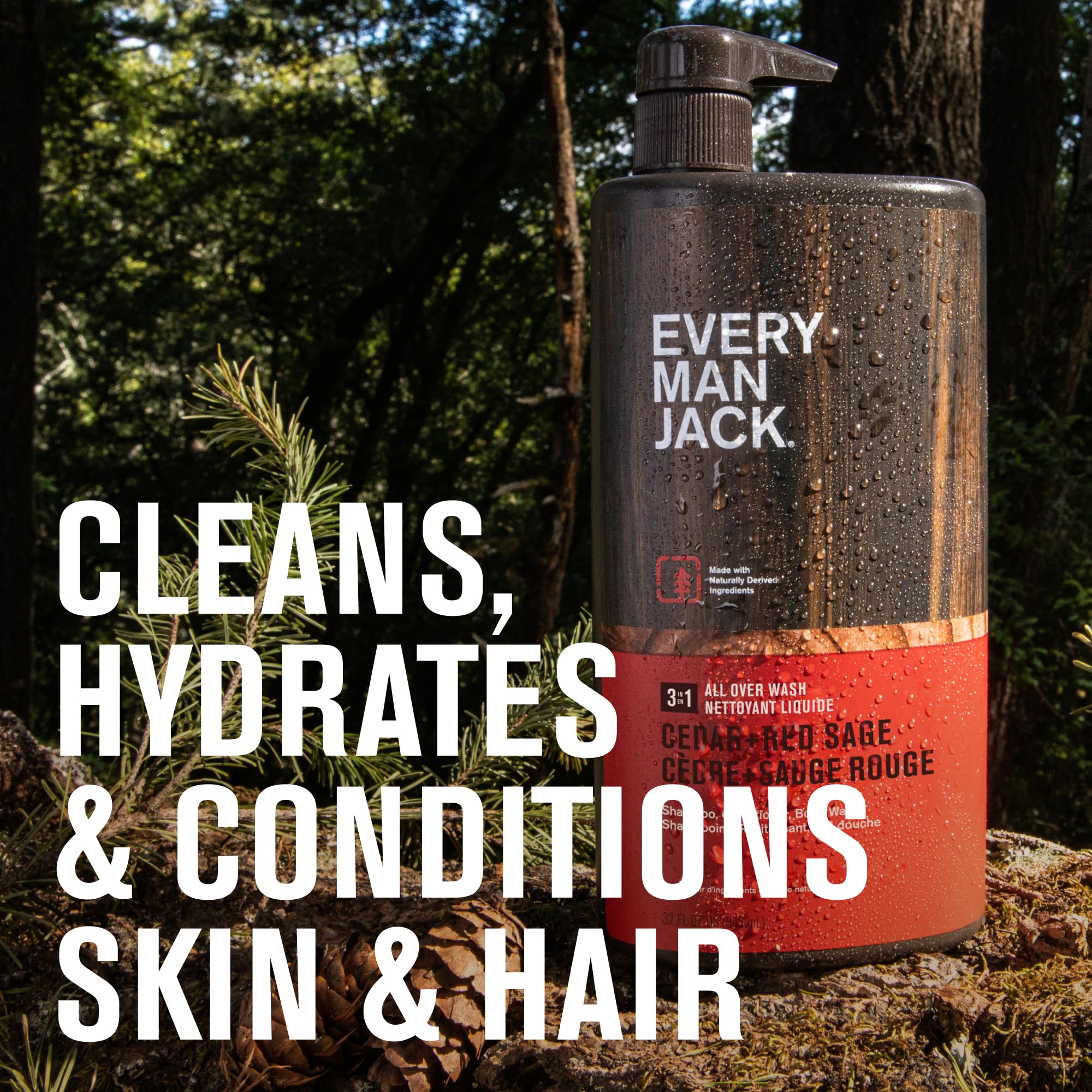 Every Man Jack side label with ingredient list and clean formula benefits