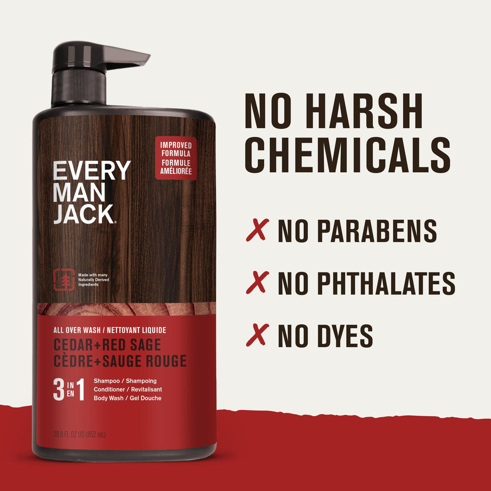 Every Man Jack held in hand for scale showing large 28.8 fl oz bottle