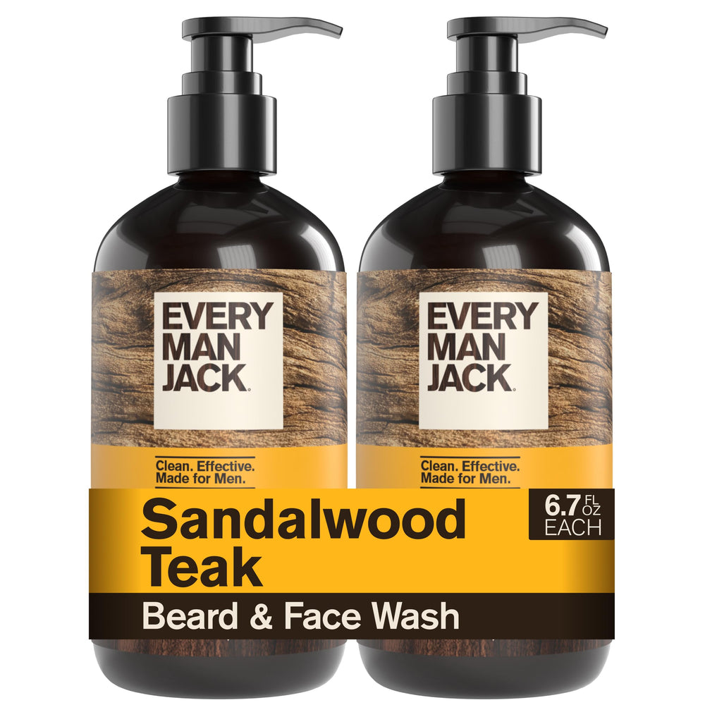 Every Man Jack front packaging showing sandalwood teak scent and benefits
