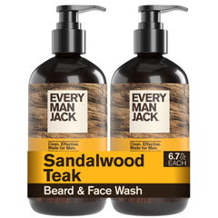 Every Man Jack front packaging showing sandalwood teak scent and benefits