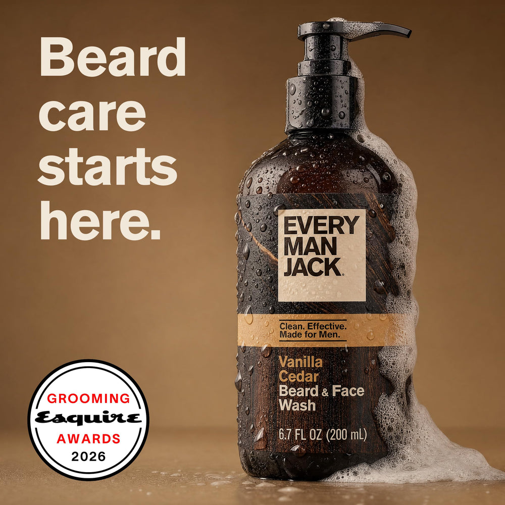 Every Man Jack bottle close-up label highlighting vanilla cedar scent and clarity