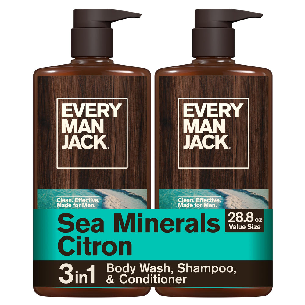 Every Man Jack front packaging shows scent and benefit of all-over cleaning
