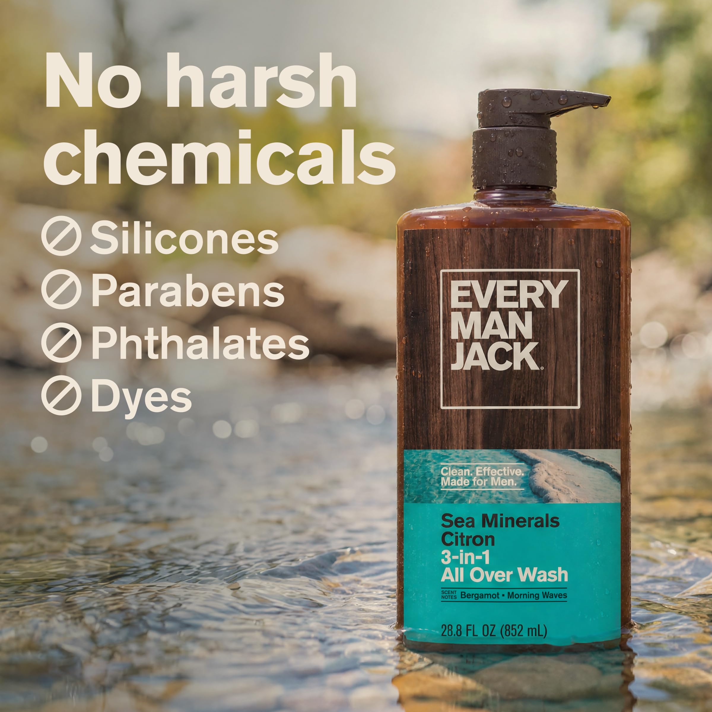 Every Man Jack open cap with droplet showing easy control and coverage