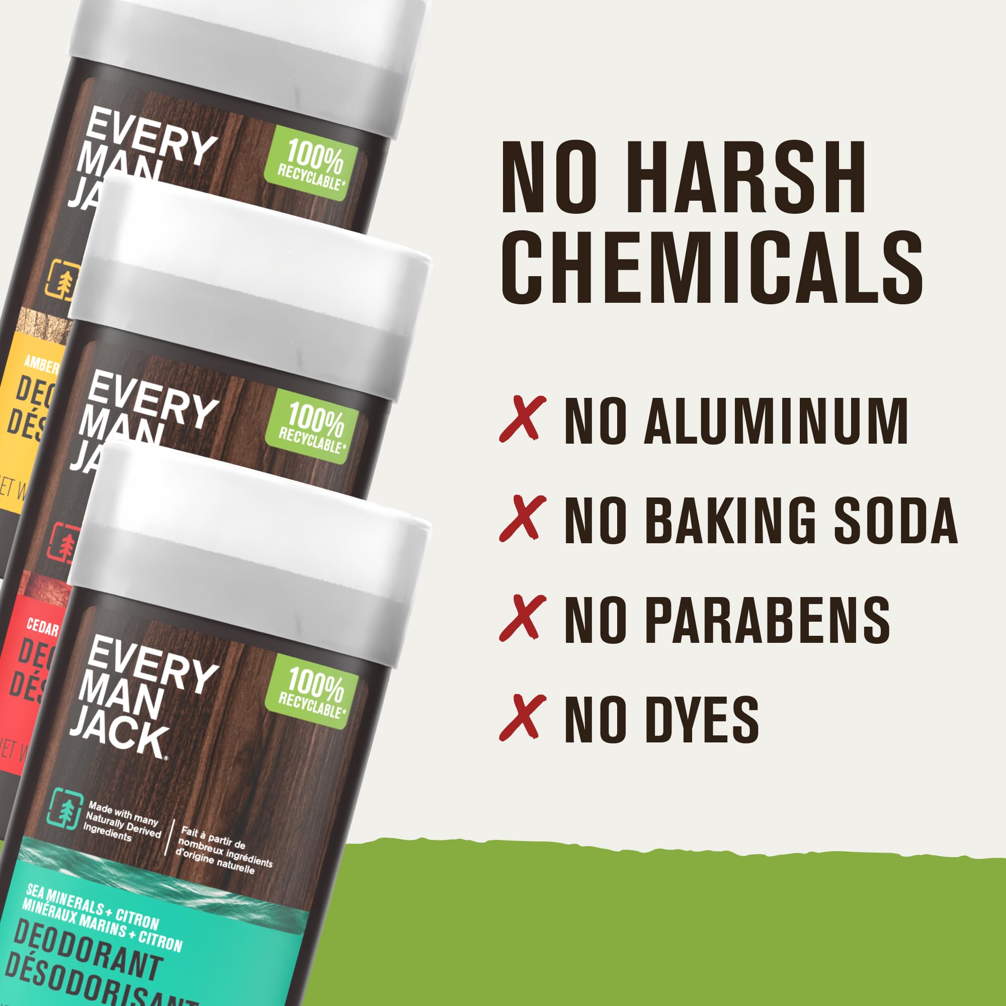 Every Man Jack recyclable flask label highlighting 50% PCR plastic benefit