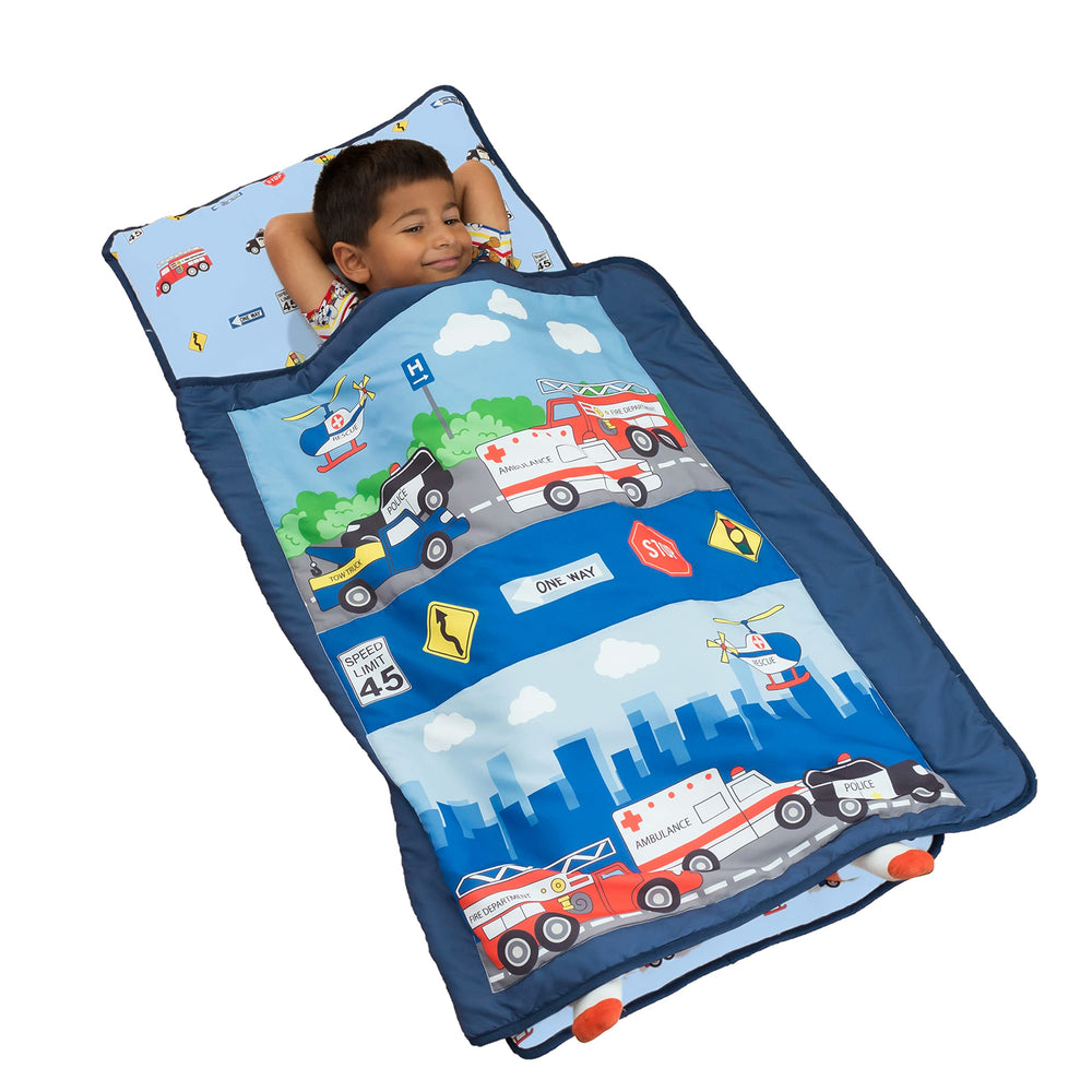 EVERYDAY KIDS nap mat placed in daycare cubby showing quick storage and ID tag