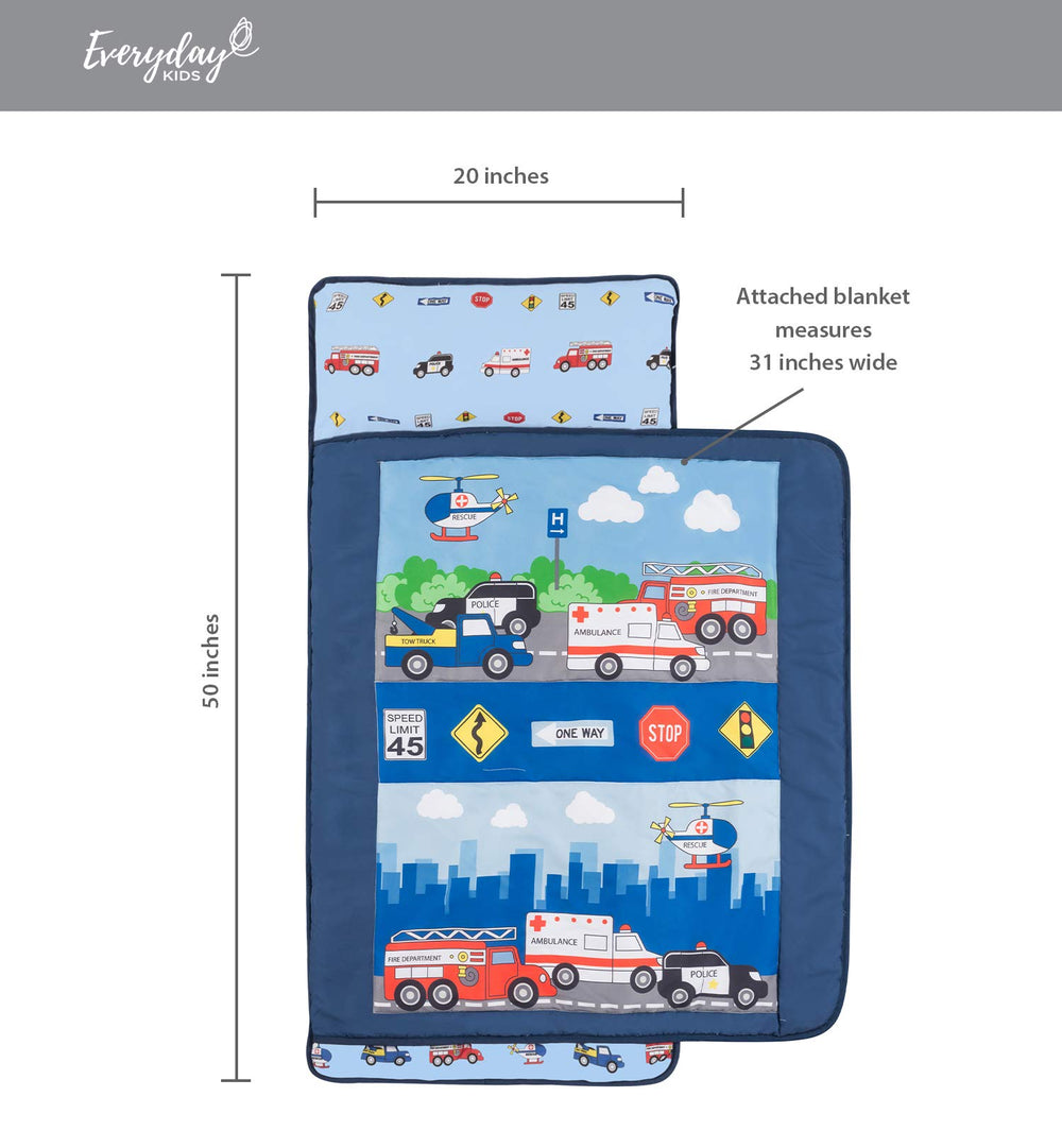 EVERYDAY KIDS nap mat beside toy to illustrate child-sized dimensions and fit