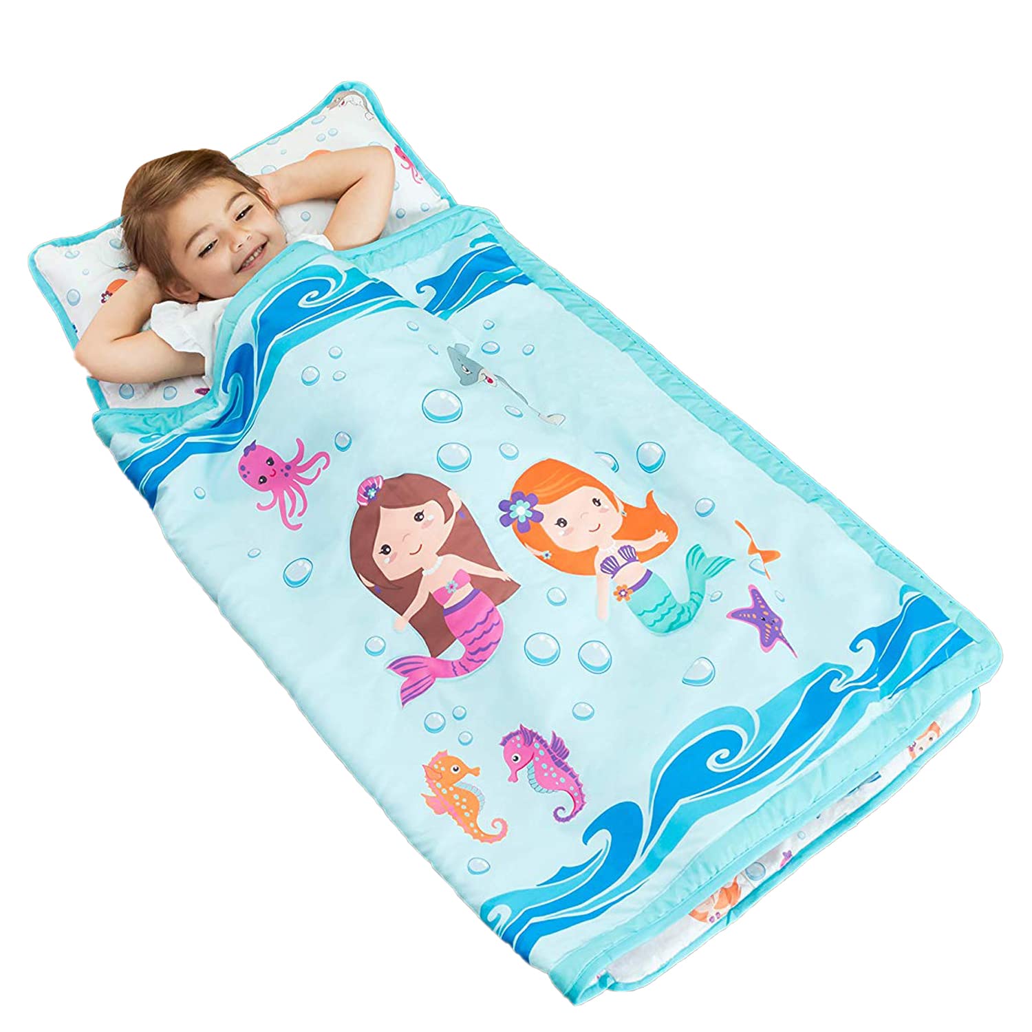 EVERYDAY KIDS front view of mermaids nap mat showing bright design and cozy surface benefit comfort