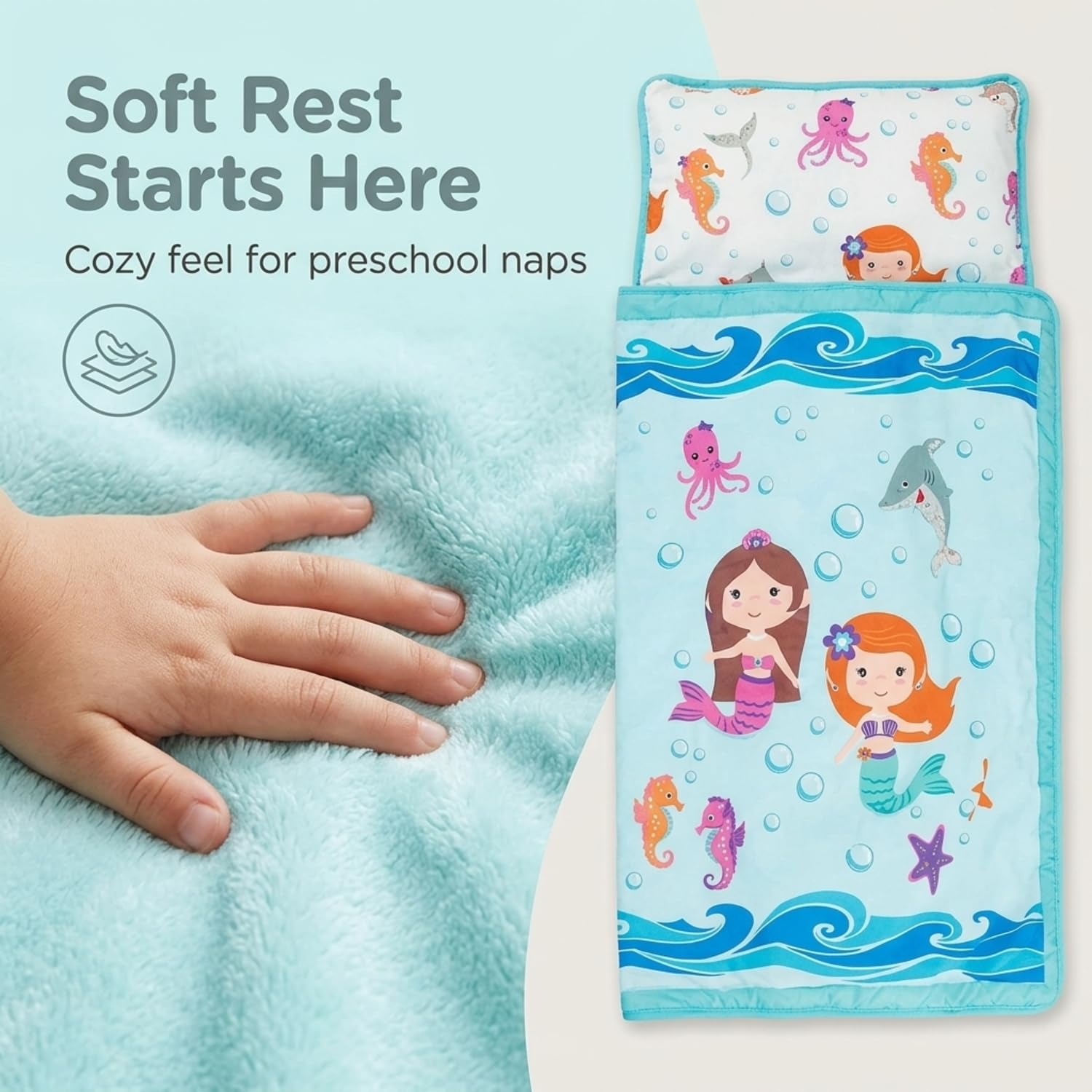 EVERYDAY KIDS removable pillow detail showing secure attachment and easy washing benefit convenience