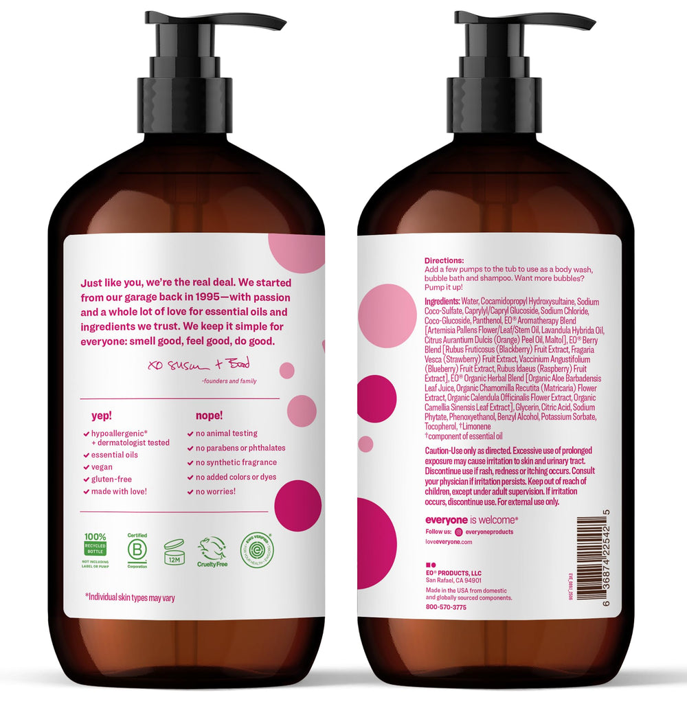 everyone pump dispensing berry soap showing easy single-handed use and control