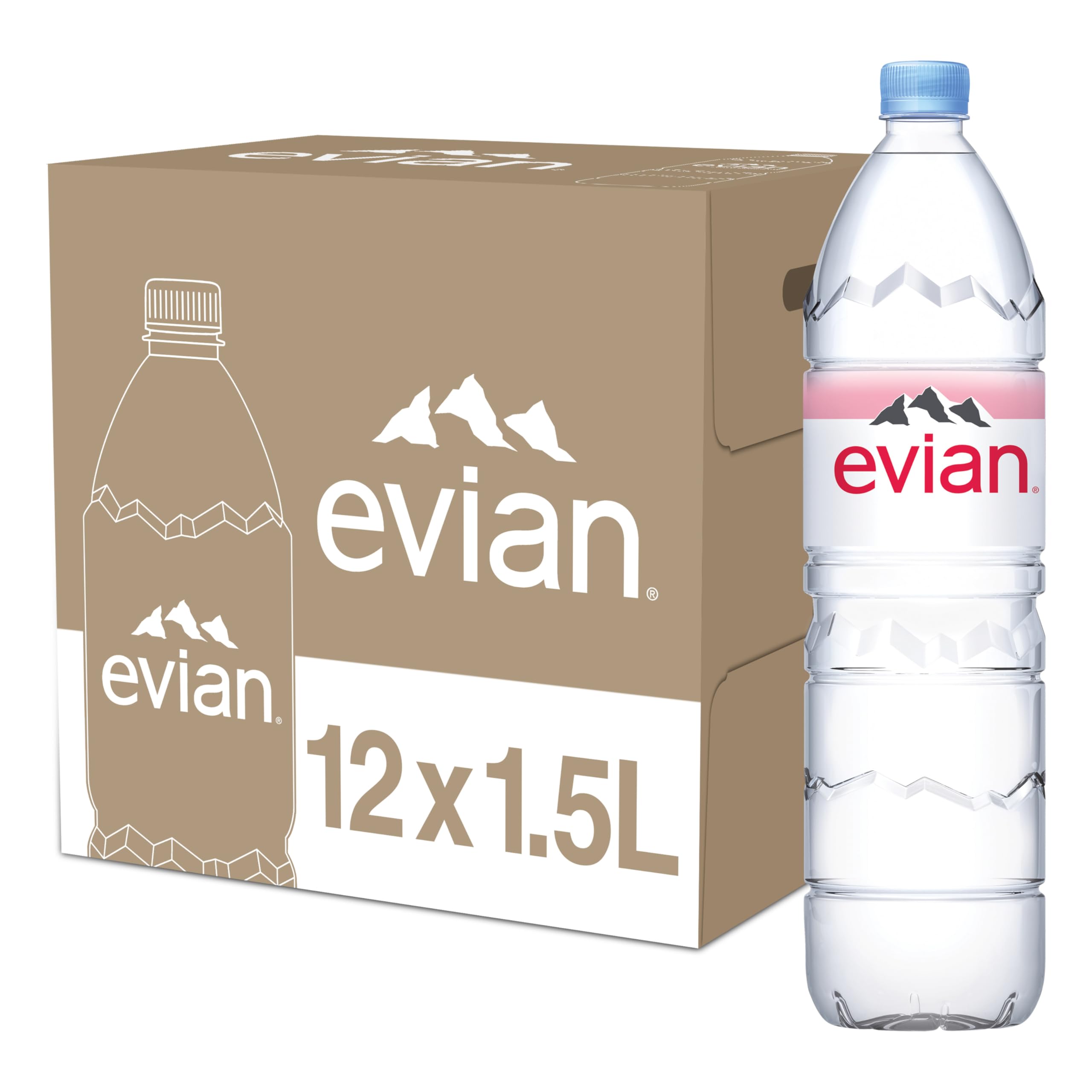 evian front packaging showing 1.5 L bottle and branding, refreshing hydration