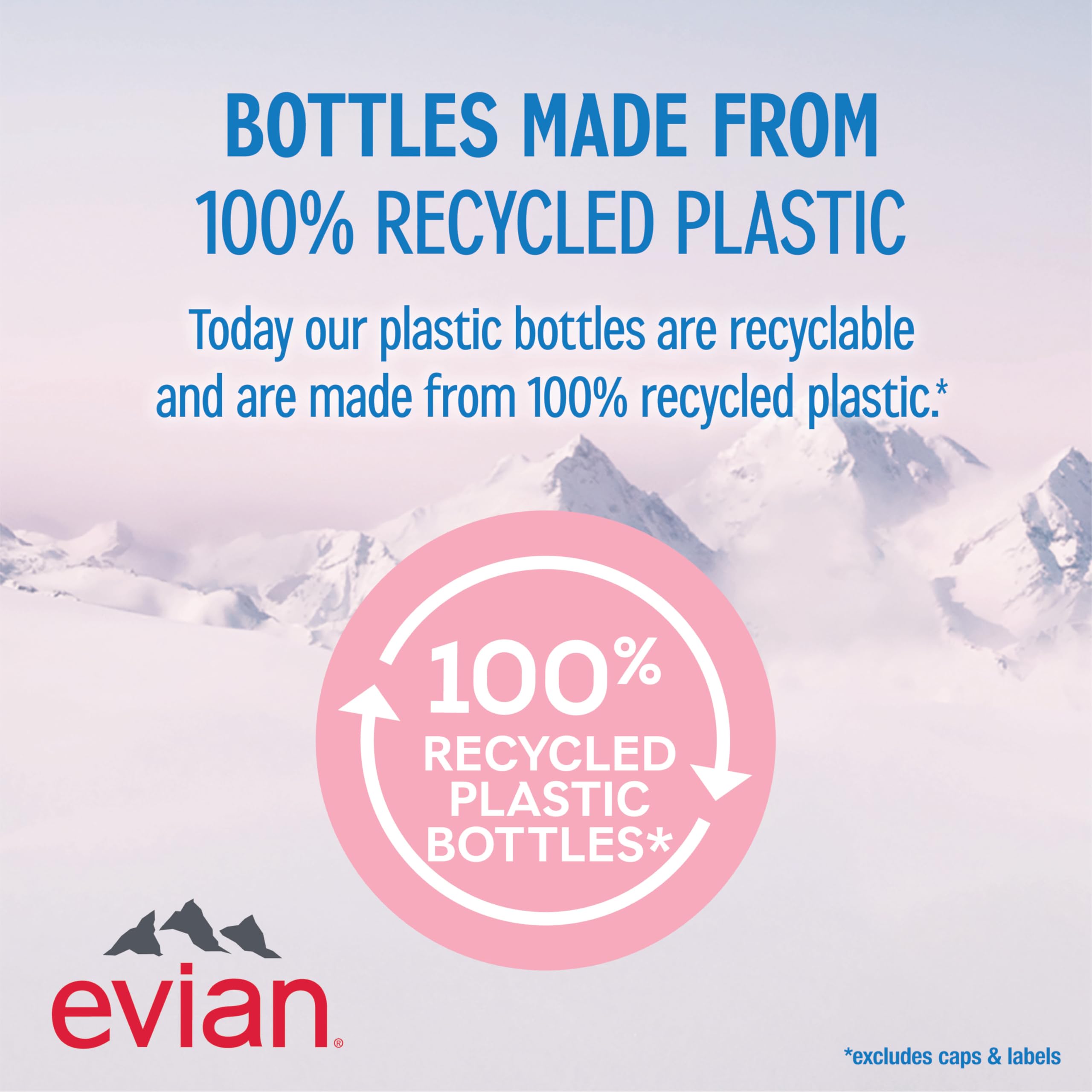 evian bottle with recycled plastic badge highlighting eco-conscious packaging benefit