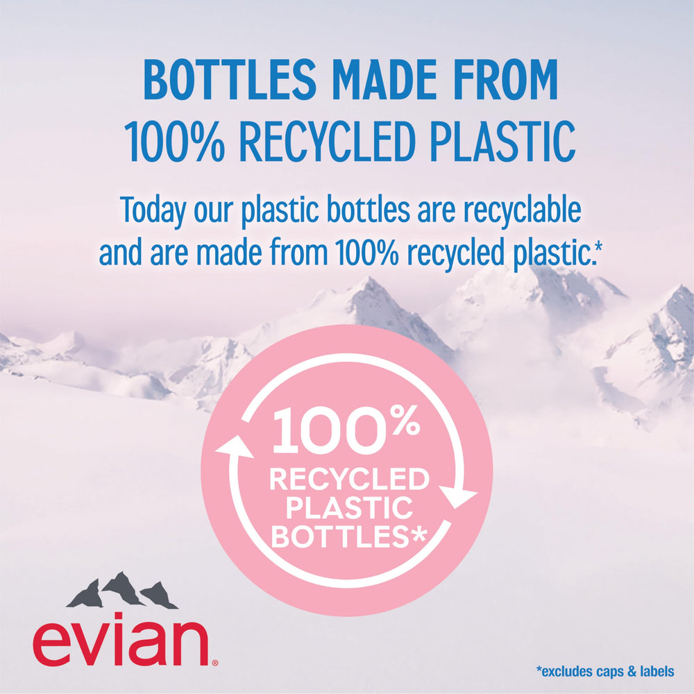 evian bottle with recycled plastic badge highlighting eco-conscious packaging benefit