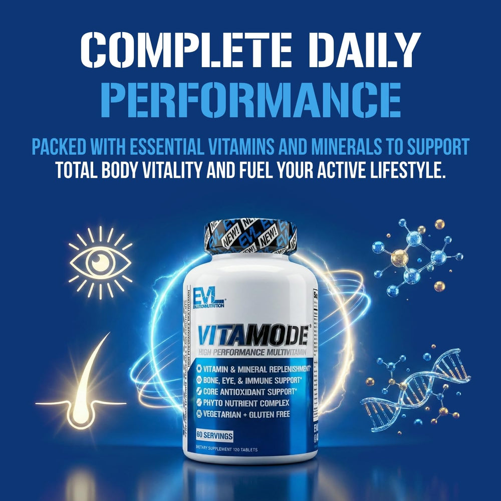 Evlution EVL Vitamode serving layout with capsules illustrating two-month supply