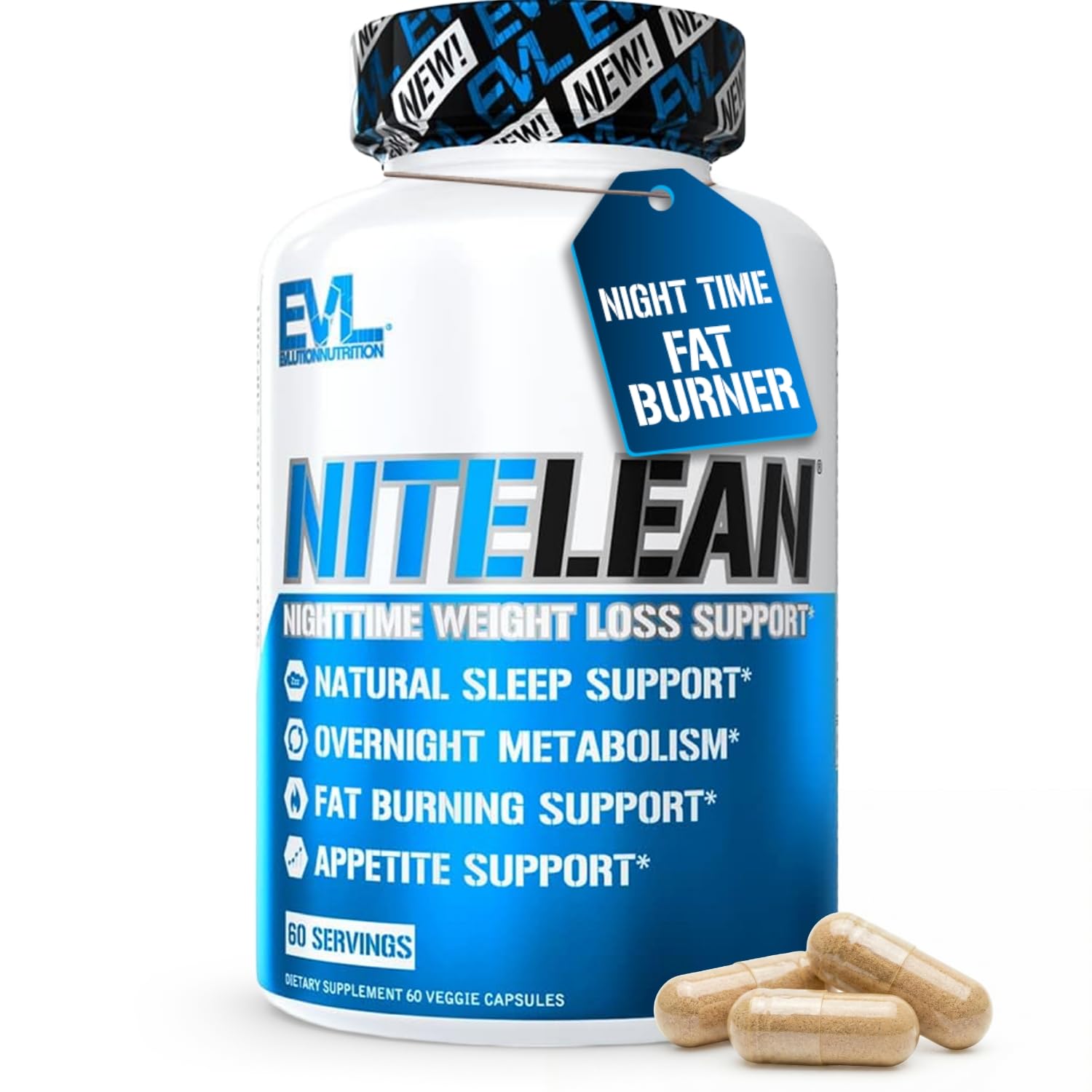 Evlution NiteLean front bottle showing supplement benefits