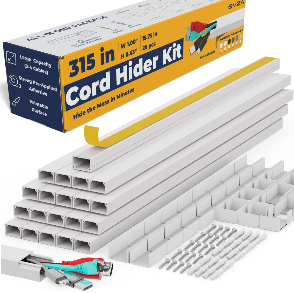 EVZA front packaging showing cord hider kit and components for organized setup