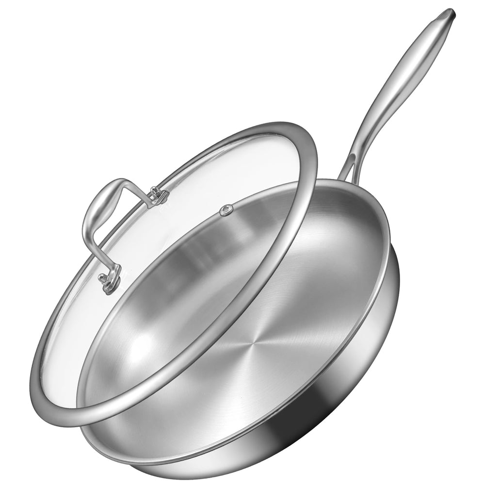 EWFEN 12 inch skillet front view showing sturdy build and lid benefit durability
