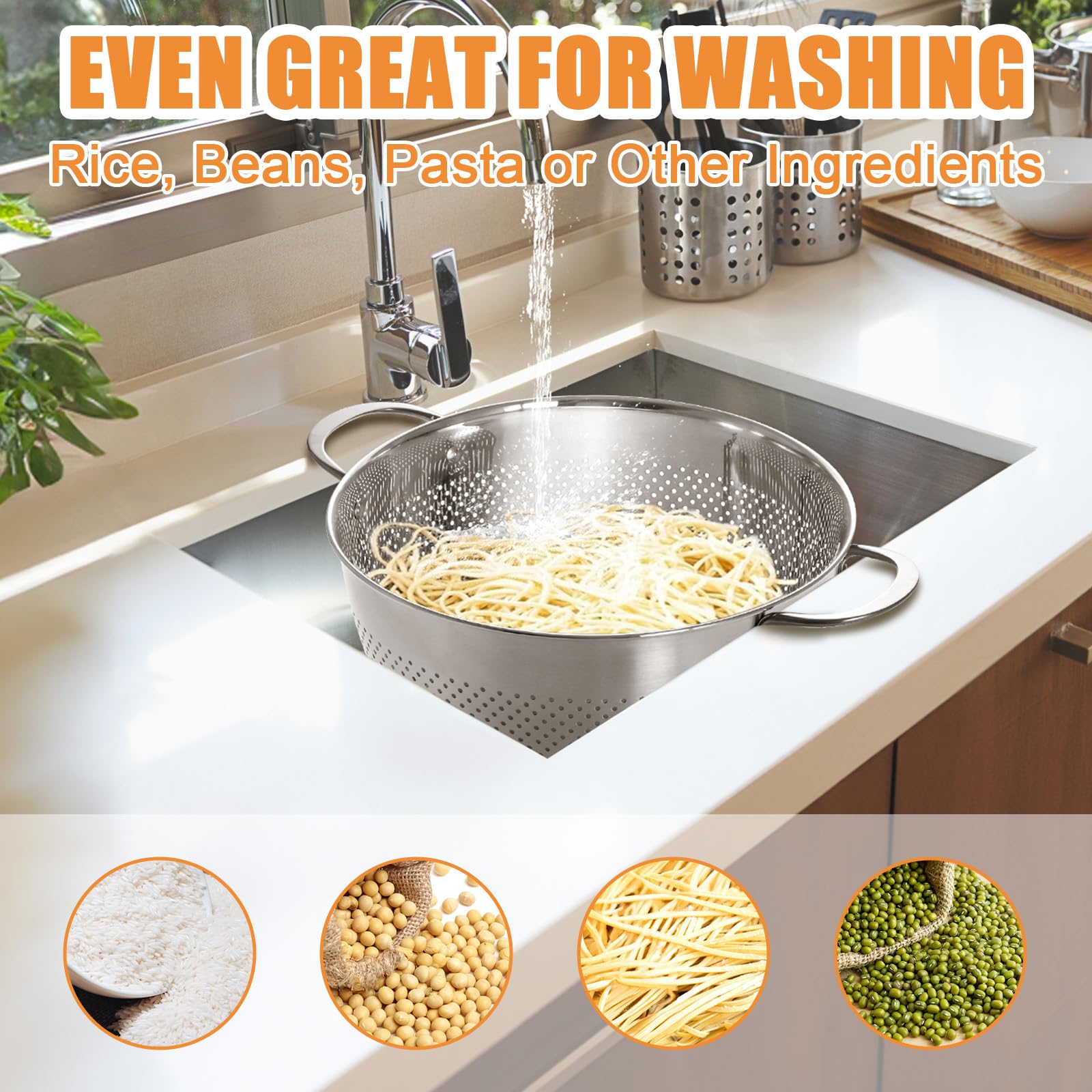 EWFEN colander draining pasta in use to speed up meal prep cleanup
