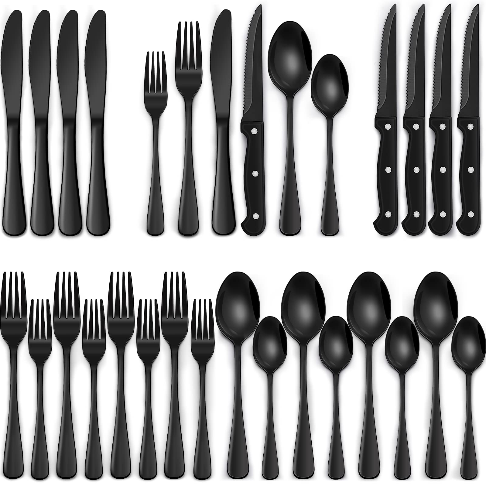 EWFEN flatware front packaging showing full 24-piece set and elegant black finish