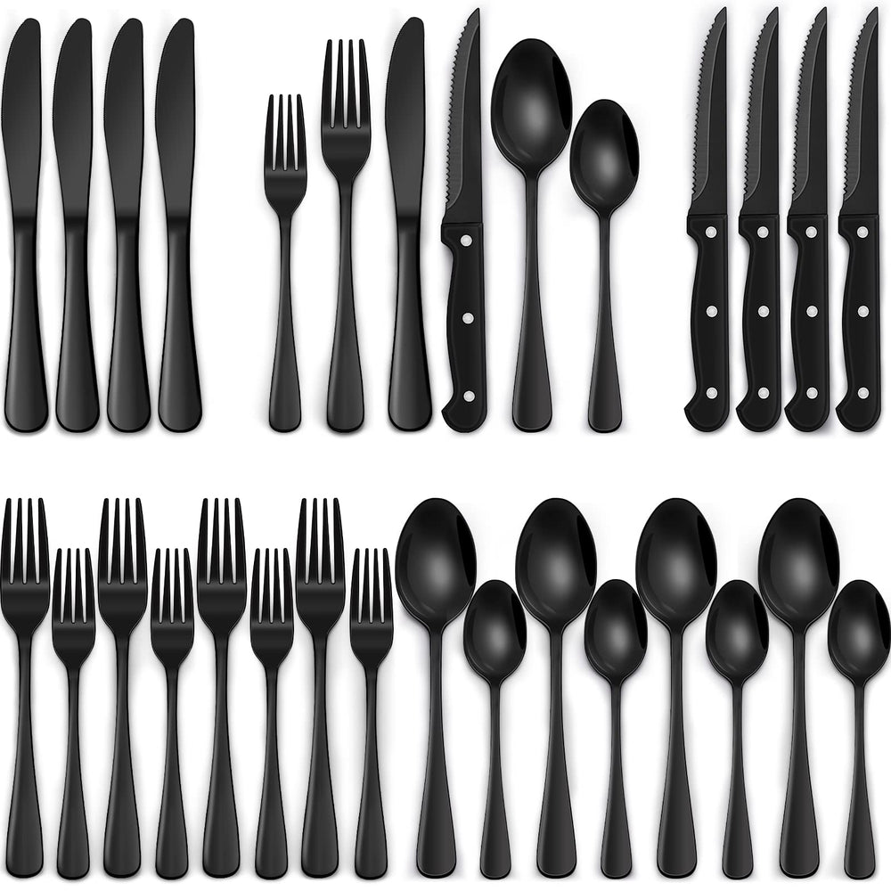 EWFEN flatware front packaging showing full 24-piece set and elegant black finish