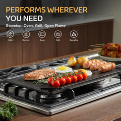 EWFEN griddle on stovetop across two burners delivering even heat for family meals