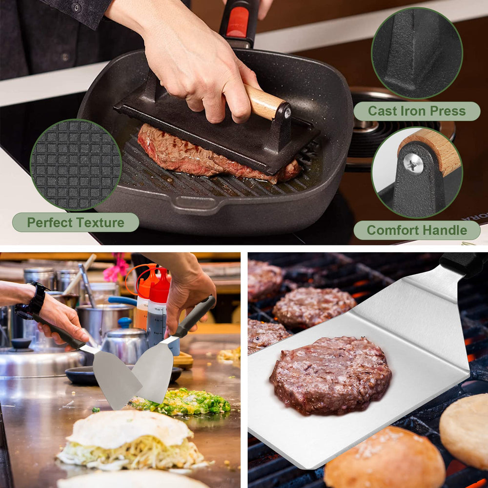 EWFEN griddle press and burger turner detail demonstrating even pressing benefit