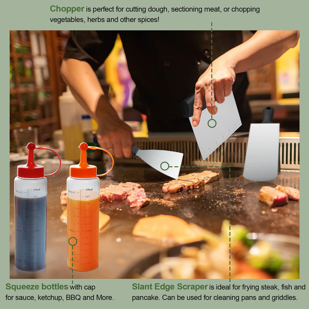 EWFEN griddle tools in use on a Blackstone showing faster cooking and serving