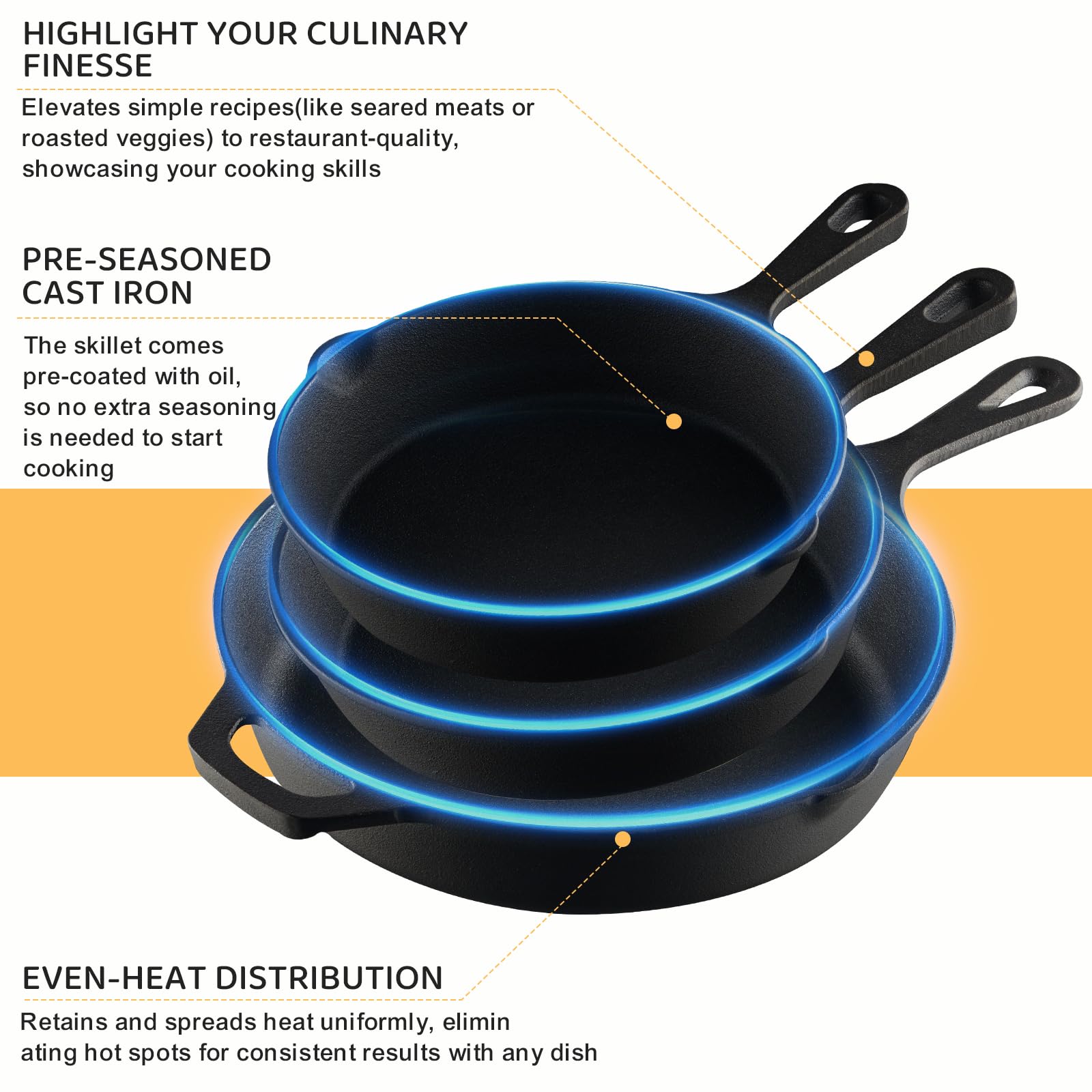 EWFEN skillet held in hand for scale showing compact 6-inch through 10-inch set convenience
