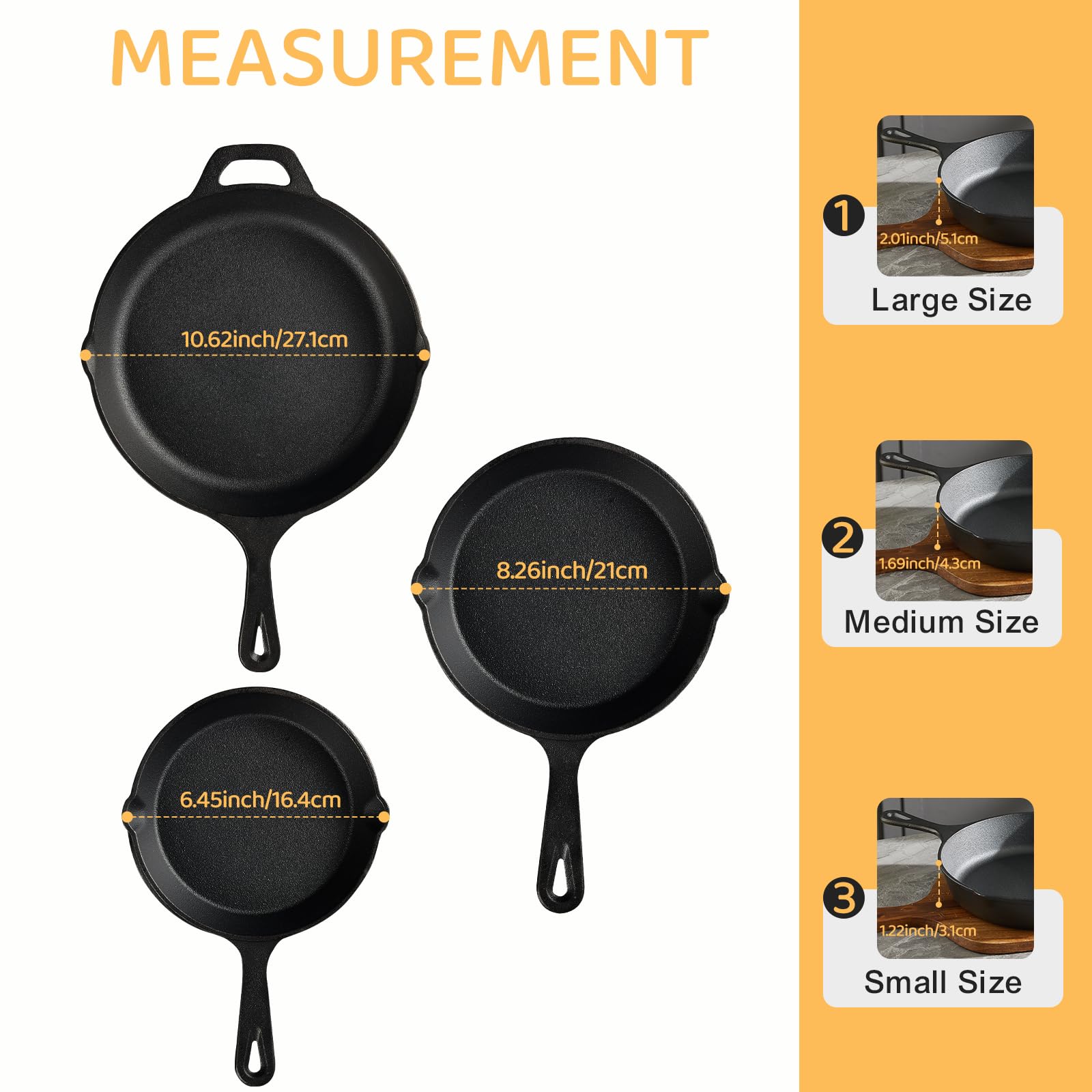 EWFEN three skillets (6, 8, 10 inch) side by side showing size options and versatile coverage