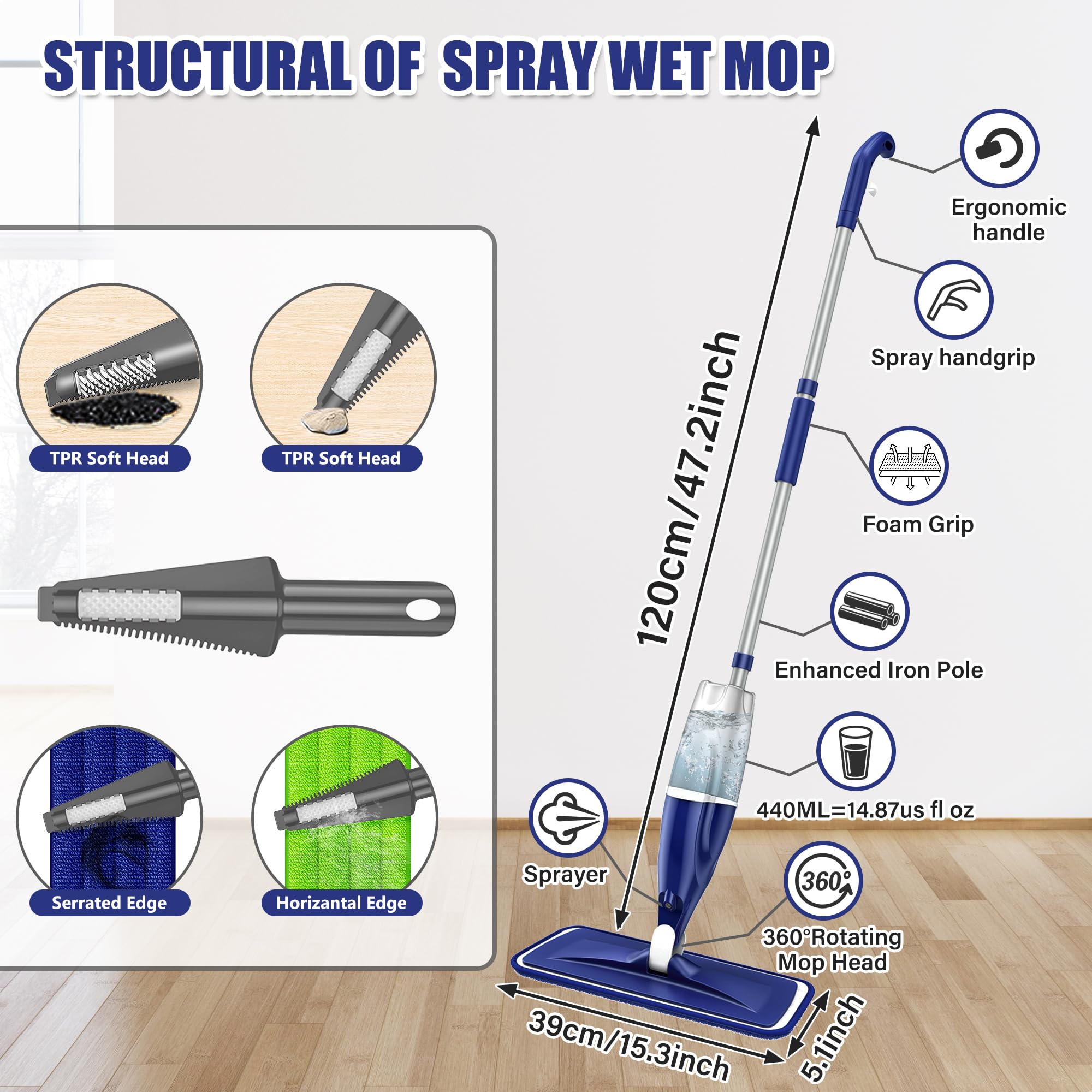 EXEGO mop reaching under sofa highlighting low-profile head for hard-to-reach areas
