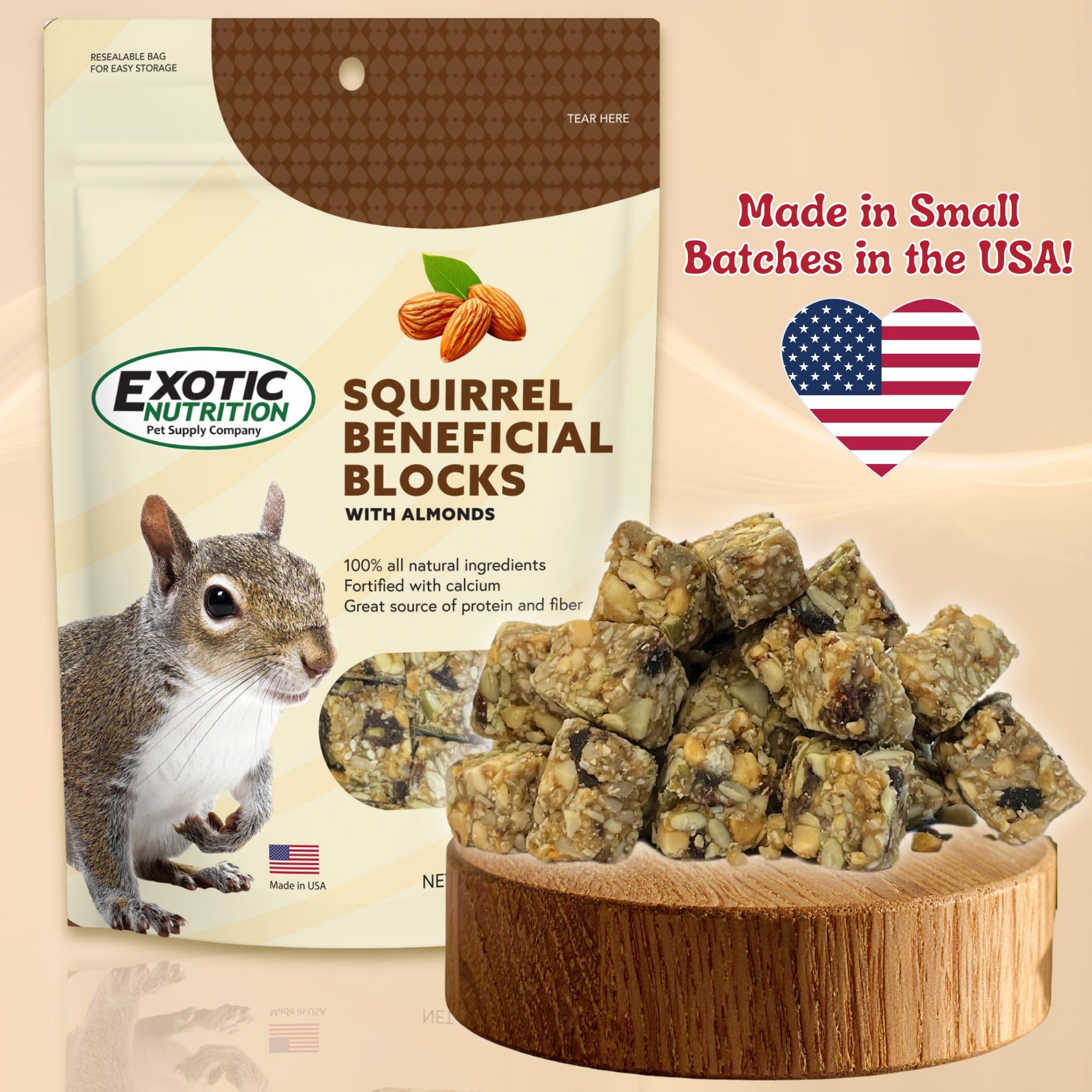 Exotic Nutrition ingredient spread of almonds, seeds and raisins, emphasizes natural composition