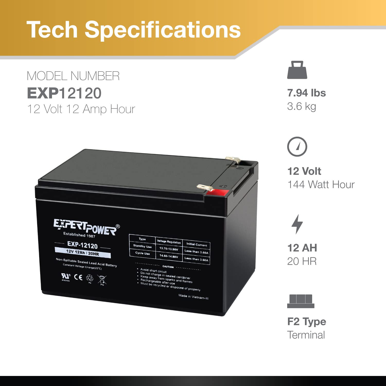 ExpertPower EXP12120 side label and dimensions for confirmed compatibility
