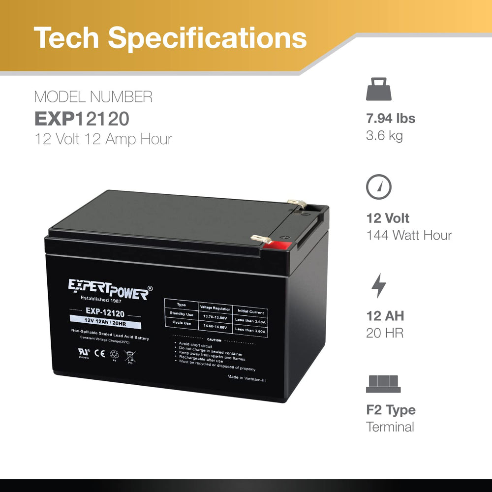 ExpertPower EXP12120 side label and dimensions for confirmed compatibility