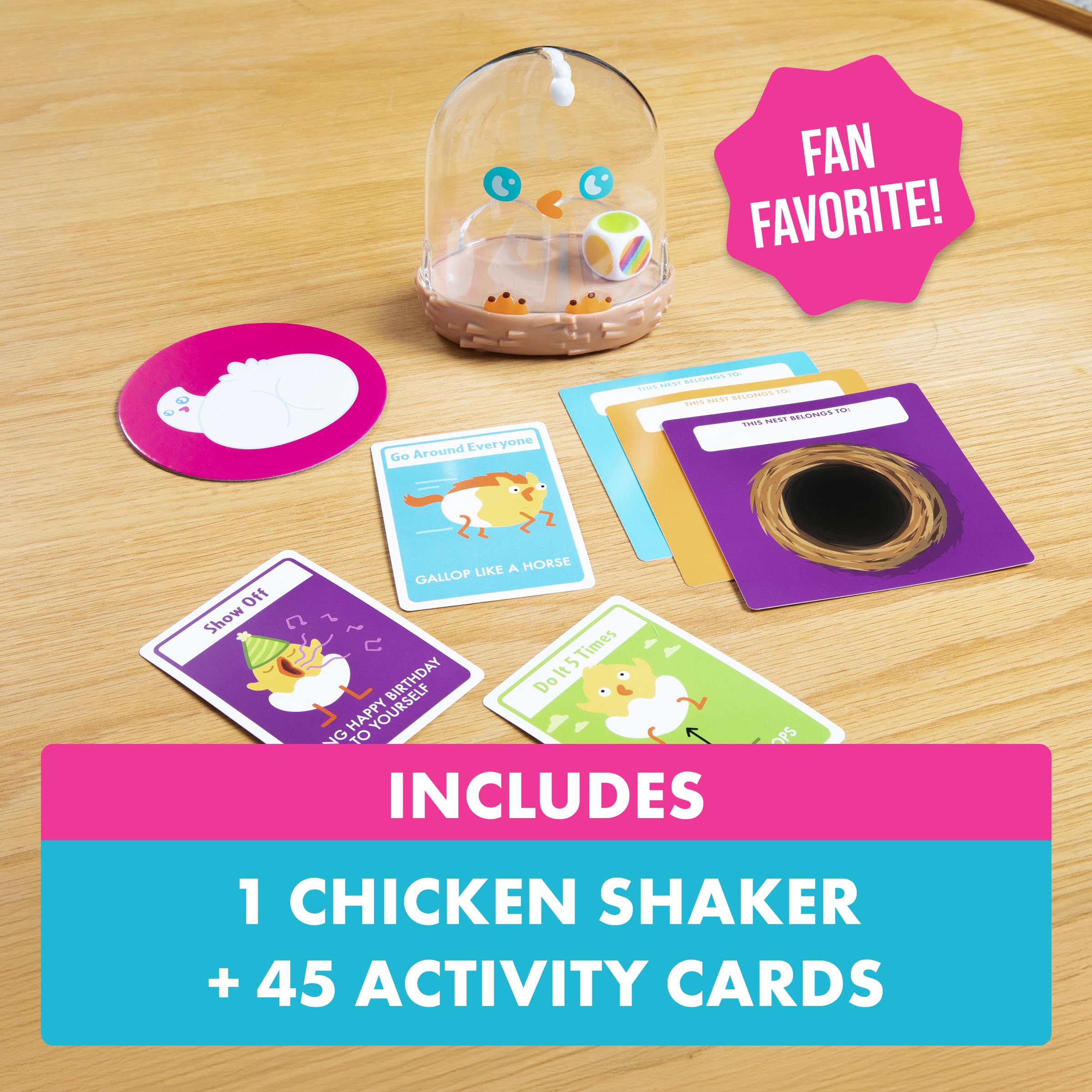 Exploding Kittens kids playing with chicken shaker in living room demonstrating energetic fun