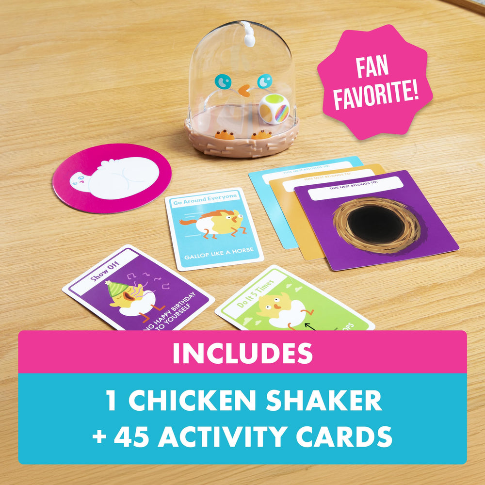 Exploding Kittens kids playing with chicken shaker in living room demonstrating energetic fun
