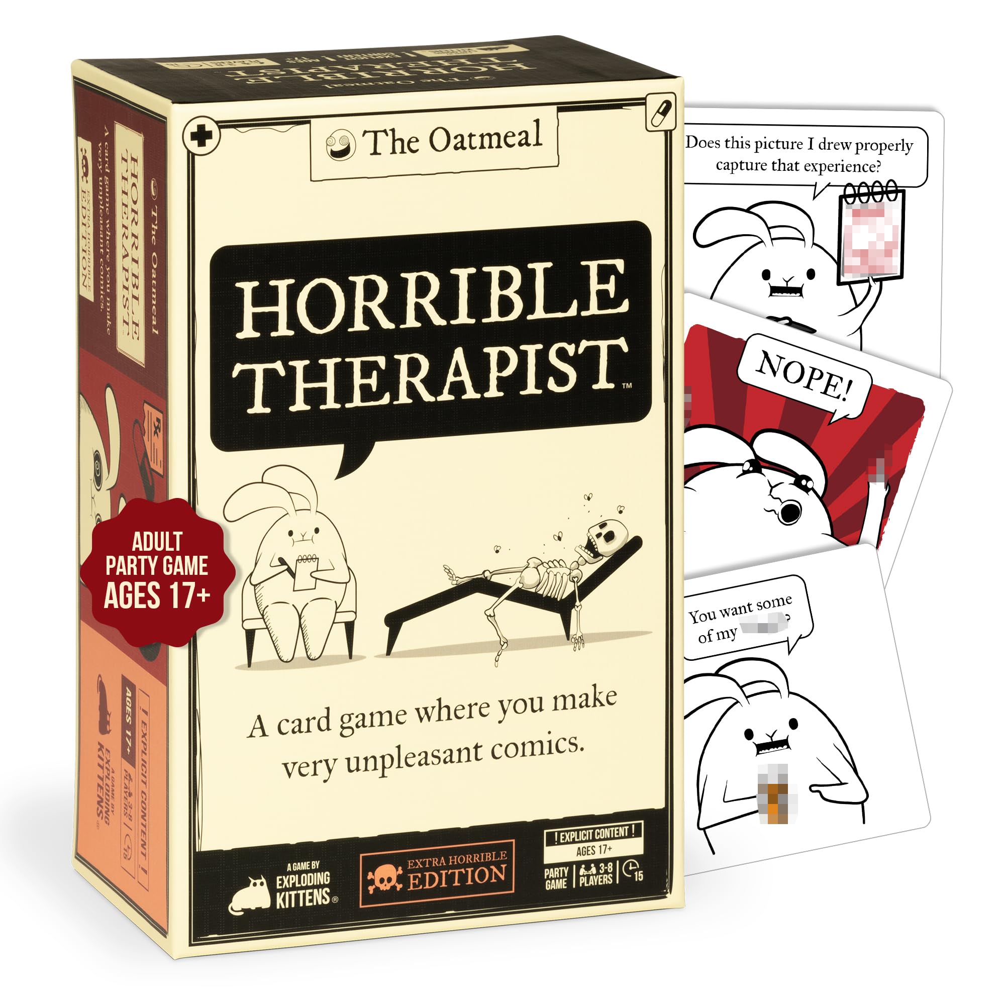 Exploding Kittens card art close-up with Oatmeal illustrations, highlights visual humor