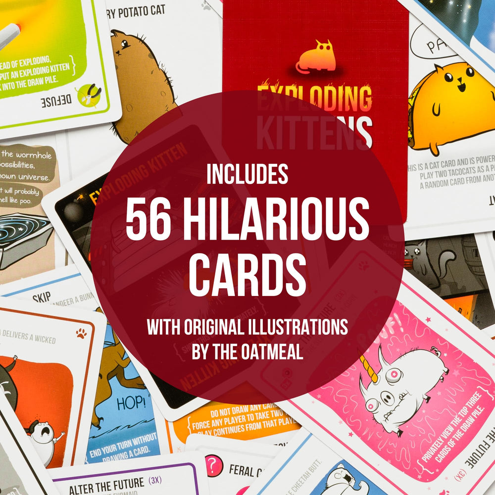 Exploding Kittens card spread displaying variety of action cards and replayability