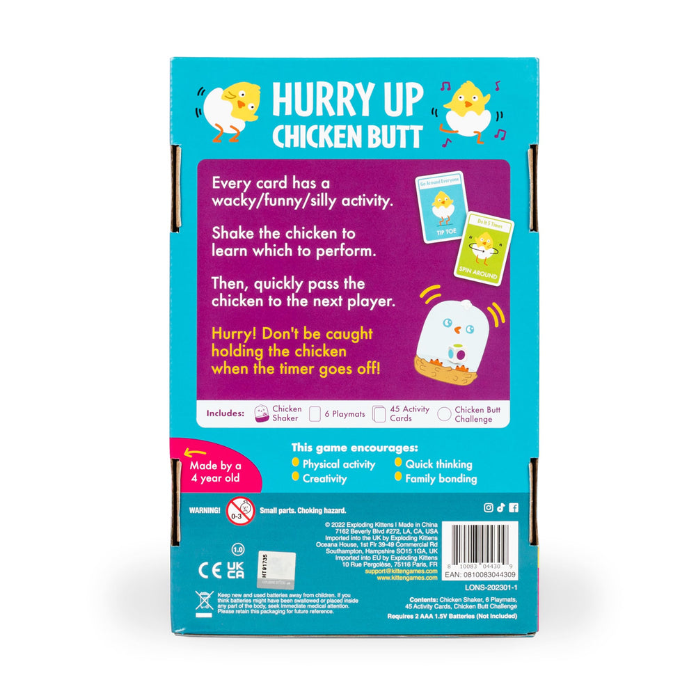Exploding Kittens close-up of activity reveal window on chicken shaker for instant tasks