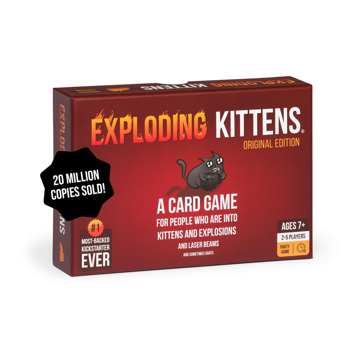 Exploding Kittens front box showing colorful packaging and quick-play benefit
