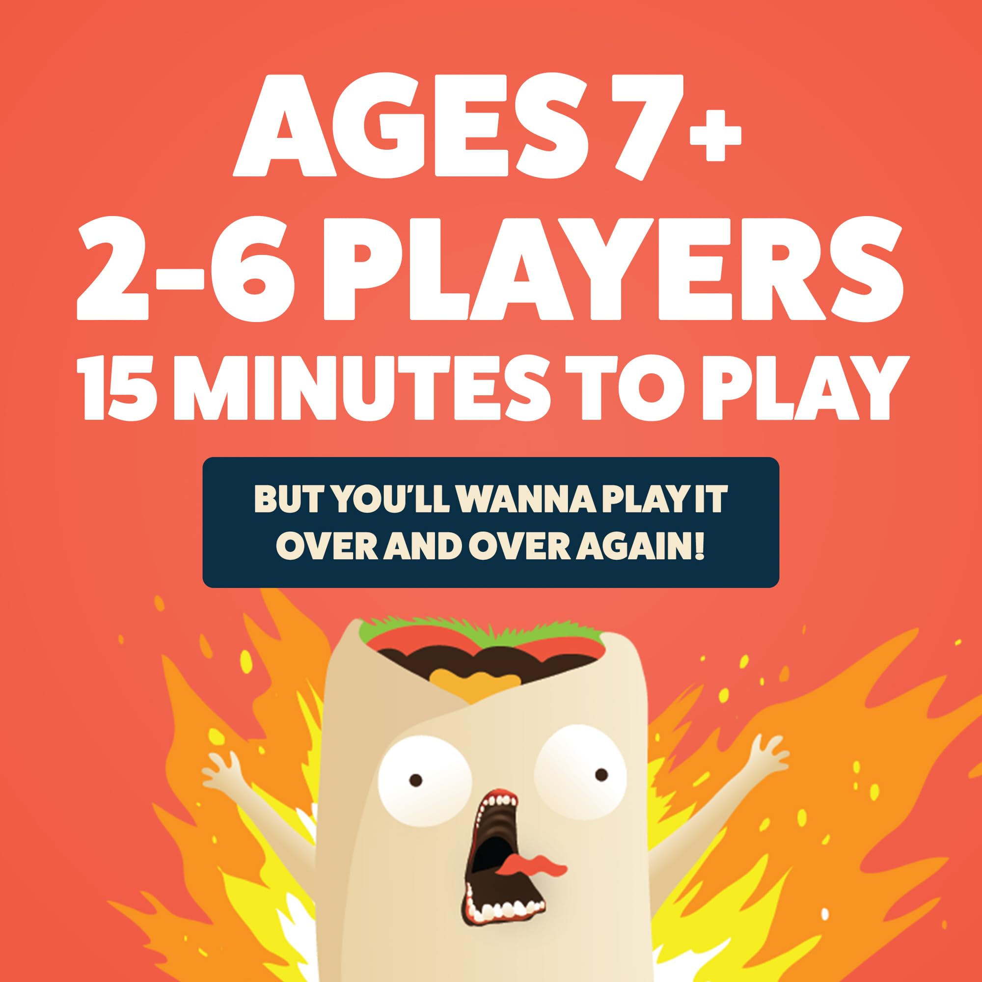 Exploding Kittens burrito next to a hand showing toy scale and safe size