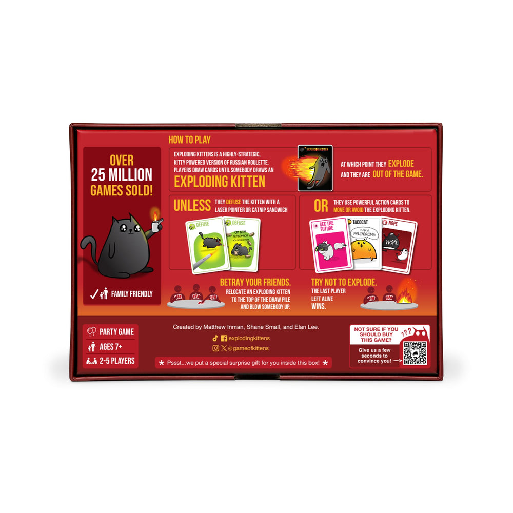 Exploding Kittens size comparison next to a hand showing portability advantage