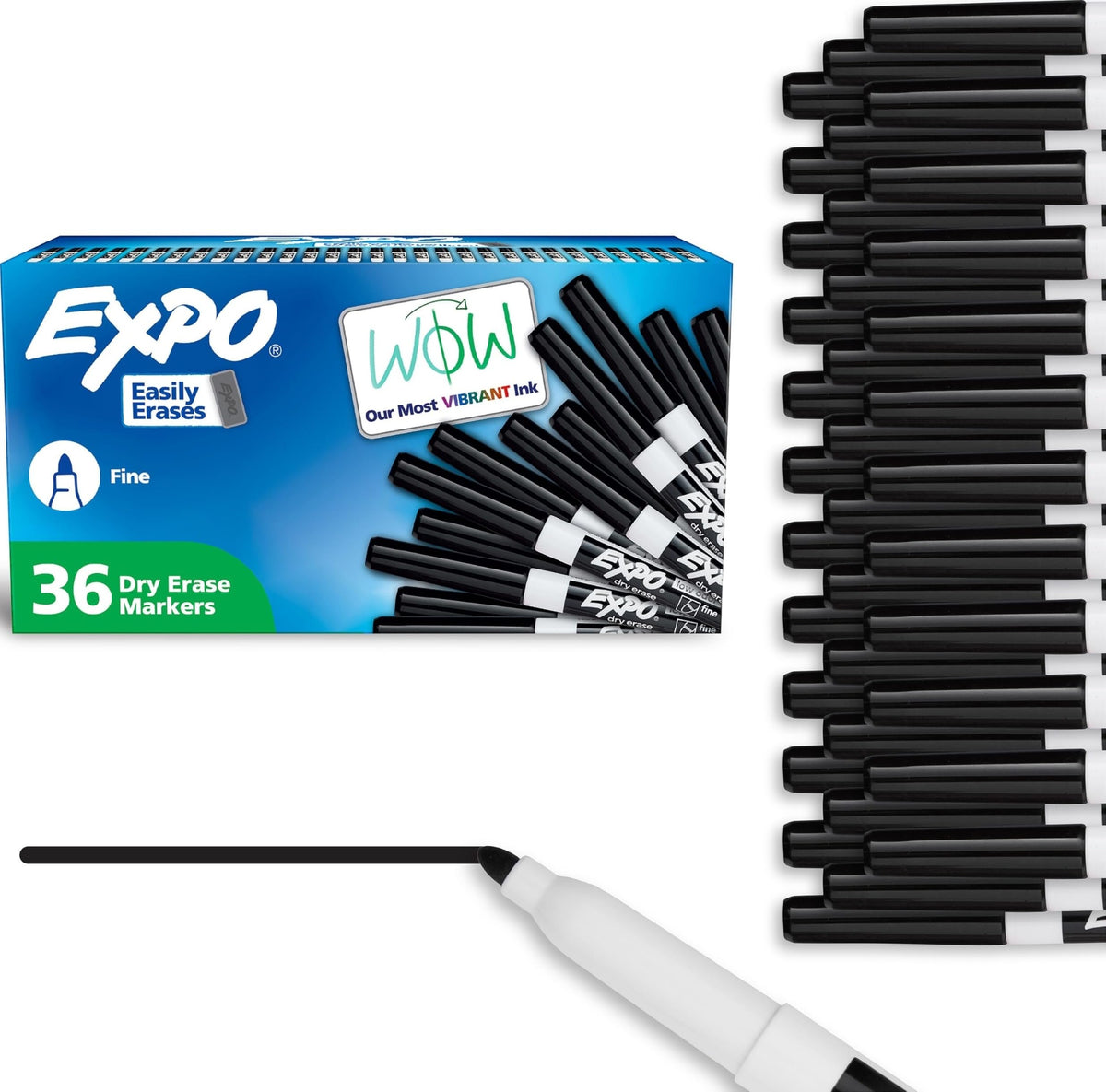 EXPO pack front view showing 36 black markers and easy storage benefit