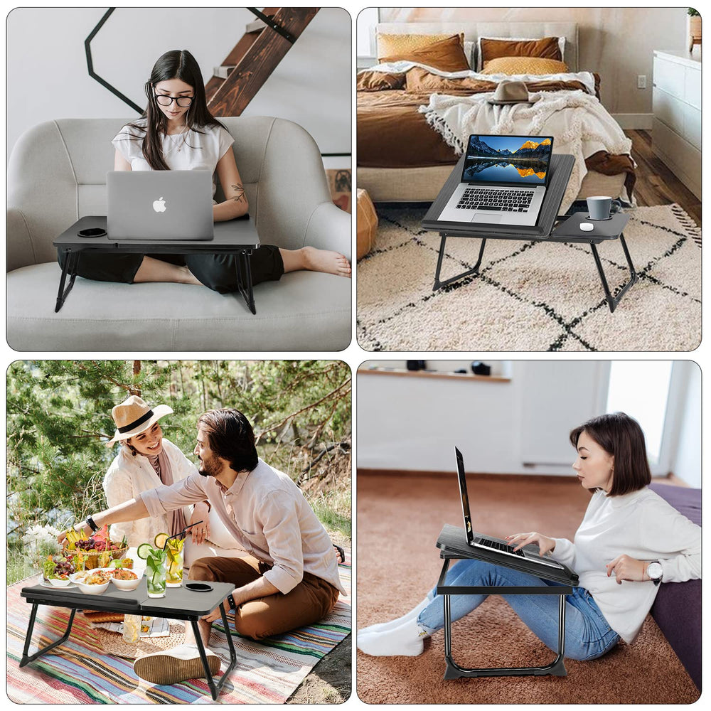 EYdoter set up on bed with laptop in use showing comfortable working anywhere