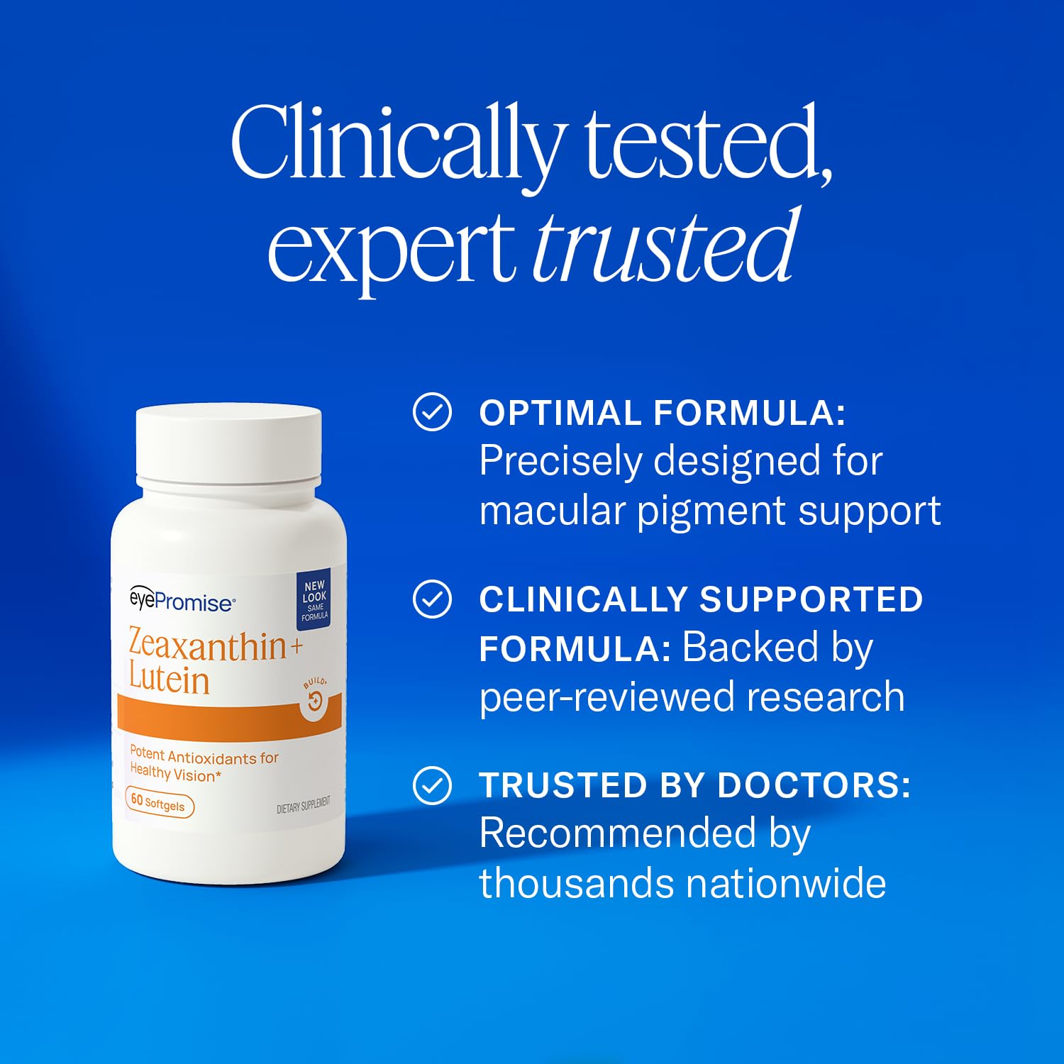 Stack of supplements with EyePromise bottle to emphasize ingredient focus and targeted carotenoids