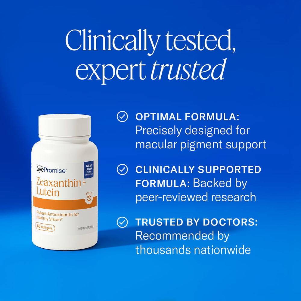 Stack of supplements with EyePromise bottle to emphasize ingredient focus and targeted carotenoids